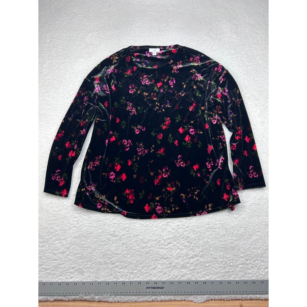 J Jill Velvet Top Size Large Black Long Sleeve Stretch Floral